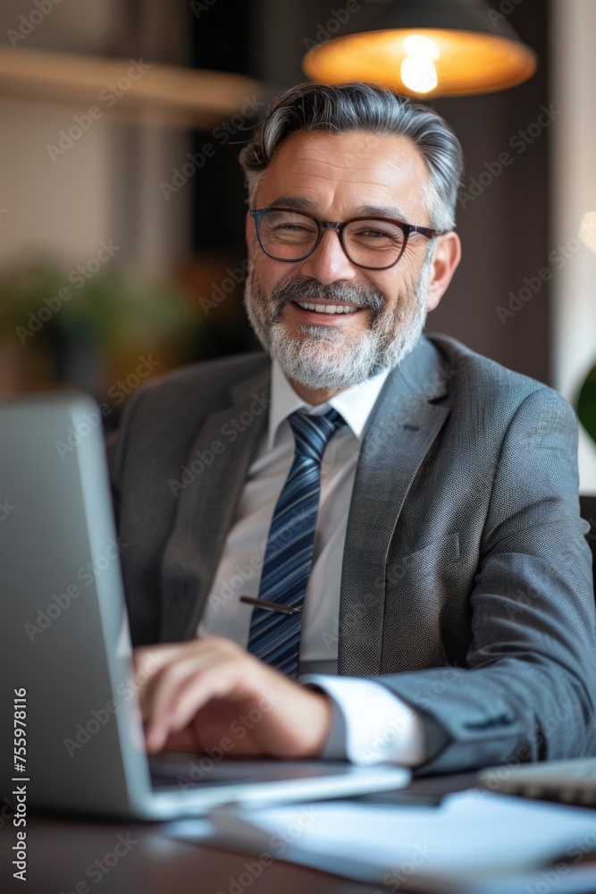 Aufkleber a man in a suit and tie using a laptop. suitable for business concepts.