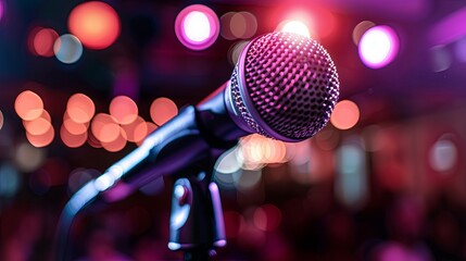 Close-up of a microphone on stage in the soft spotlight. Concept of public speaking. Come and sing karaoke. Illustration for cover, banner, poster, brochure, advertising, marketing or presentation.