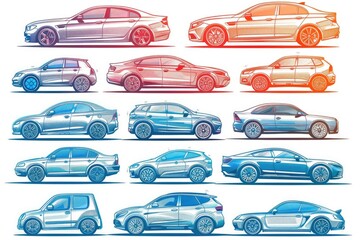 A set of six different colored cars on a white background. Perfect for transportation themes.