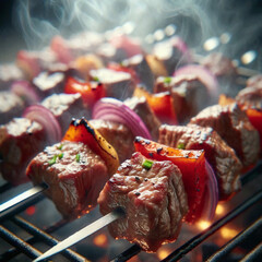 Image: A skewer of juicy, marinated cubes of beef, grilled to perfection, with chunks of red onion and bell pepper in between the meat. - obrazy, fototapety, plakaty