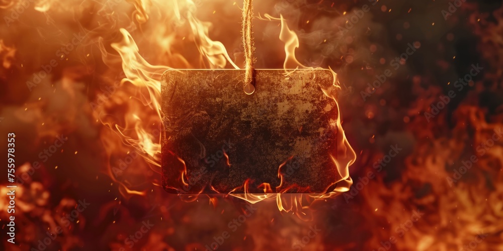 Aufkleber A fire with a sign hanging from its side. Suitable for various design projects.