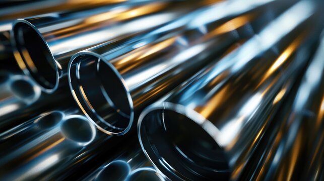 A pile of metal pipes stacked together. Can be used for industrial concepts.