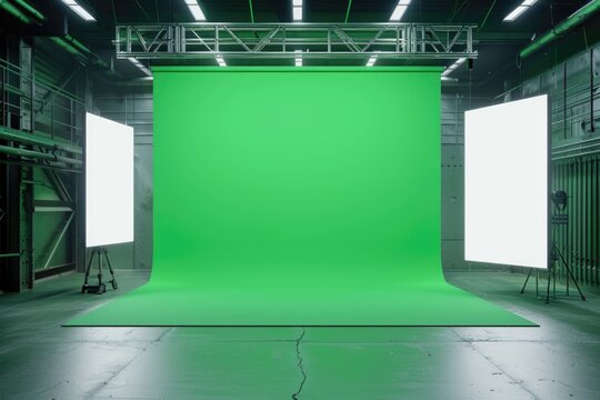 Green screen in a spacious room, perfect for video production.