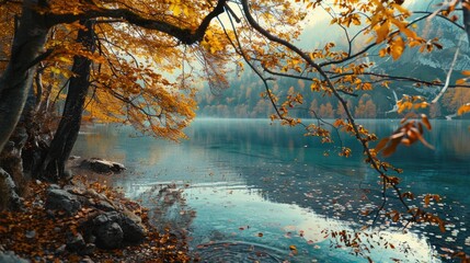 Serene lake surrounded by trees with yellow leaves, perfect for nature backgrounds.
