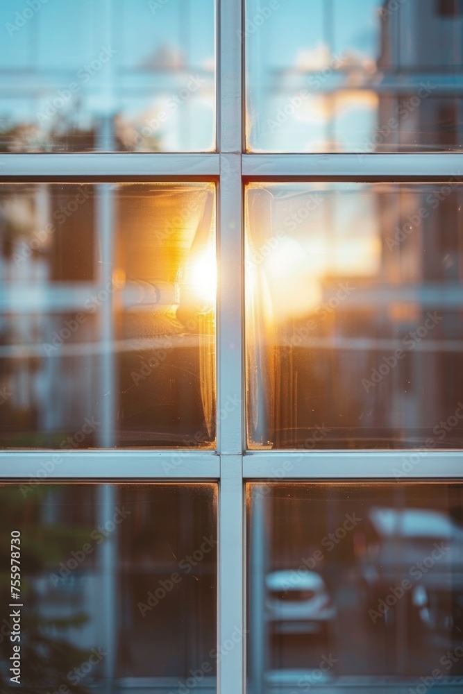 Poster Sun setting through a window in a building, suitable for architectural concepts.