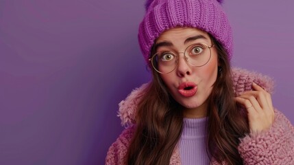 Playful woman wearing glasses and hat making a silly expression, suitable for social media posts or advertising campaigns. - obrazy, fototapety, plakaty