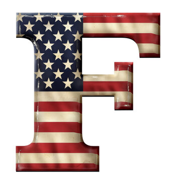 Letter F Styled as American Flag Isolated on Transparent or White Background, PNG