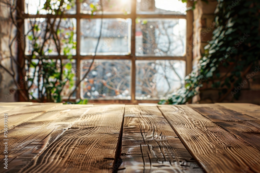 Poster a simple wooden table with a window in the background. suitable for home decor or interior design pr