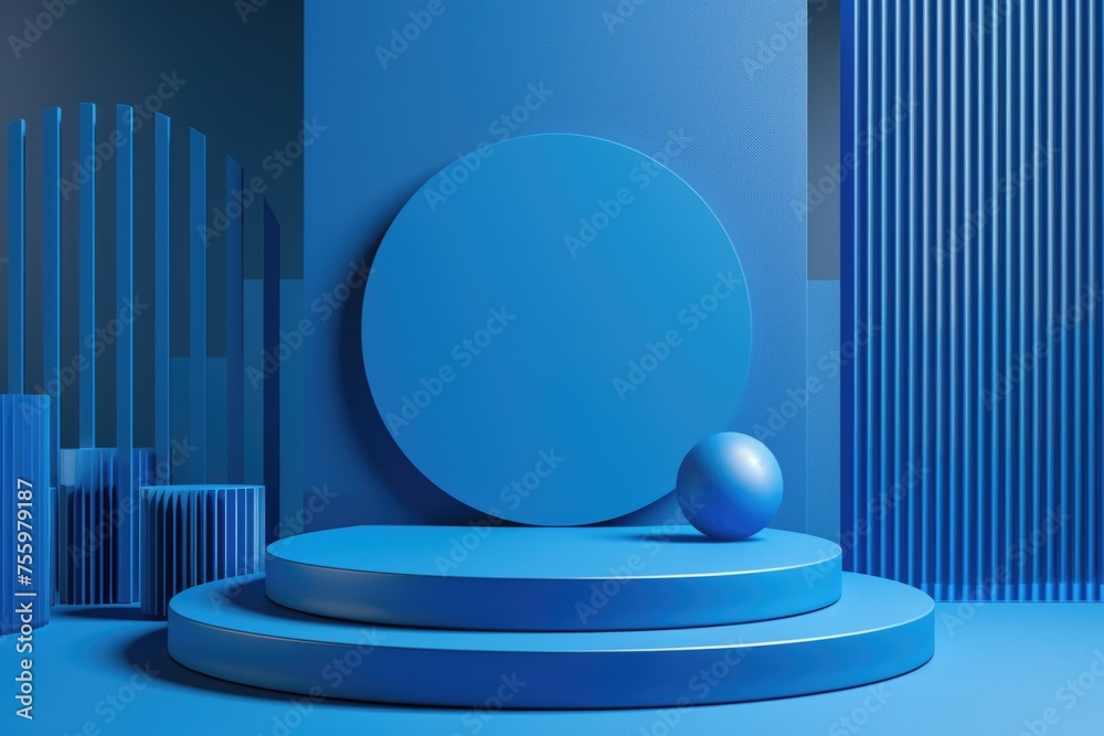 Poster A blue round object placed on a blue platform. Suitable for various design projects.