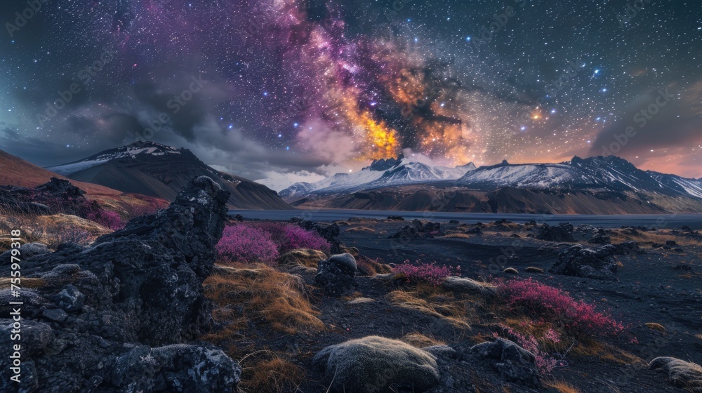 Poster a stunning view of the night sky with the milky way in the background. ideal for astronomy enthusias