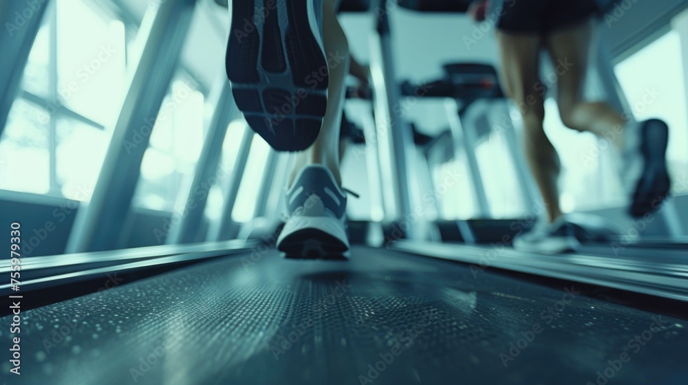 Aufkleber close up of a person running on a treadmill, suitable for fitness and exercise concepts.