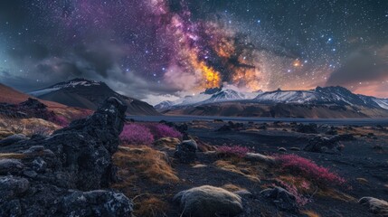 A stunning view of the night sky with the Milky Way in the background. Ideal for astronomy enthusiasts and nature lovers.