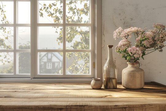 Simple image of flowers in vase by window, suitable for various design projects.