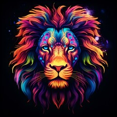 Colorful artistic lion portrait with vibrant neon hues on a dark background