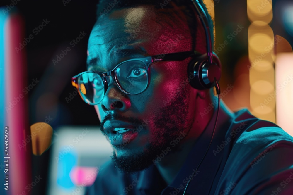 Poster A man wearing headphones and glasses while working on a computer. Suitable for technology concepts.
