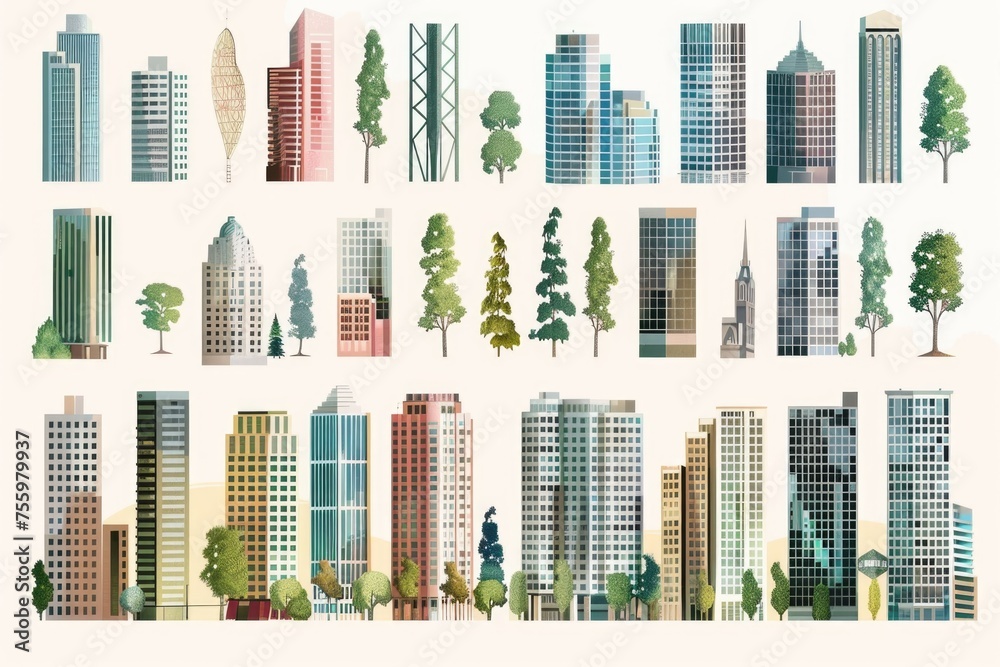 Poster A group of buildings with trees in the foreground. Suitable for urban and environmental concepts.