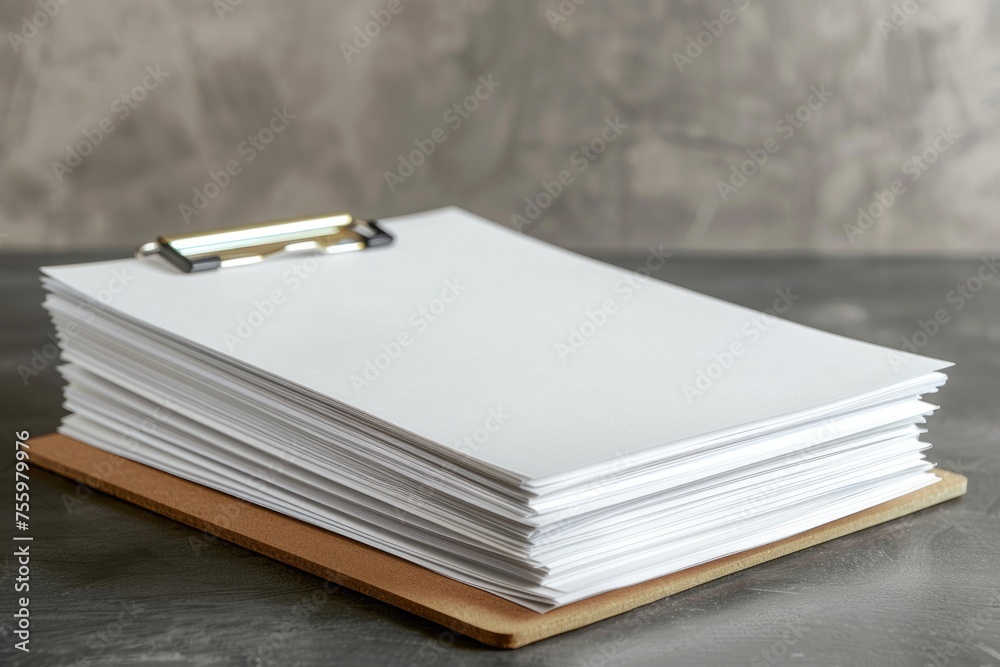 Poster a stack of papers on a table, suitable for office or education concepts.