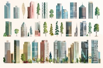 A group of buildings with trees in the foreground. Suitable for urban and environmental concepts. - obrazy, fototapety, plakaty