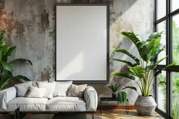 Modern Living Room Interior With Large Blank Canvas on Wall by Window