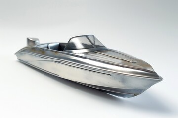 A toy boat resting on a white surface, suitable for various creative projects.