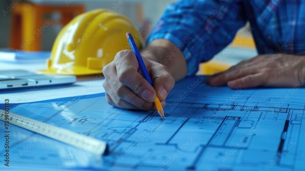 Poster close up of a person writing on a blueprint. ideal for architectural, construction, and engineering 