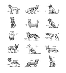 Dogs In This Drawing. Different breeds of domestic animals. Puppy characters design collection. Engraved hand drawn monochrome sketch. Vintage line art. - 755980129