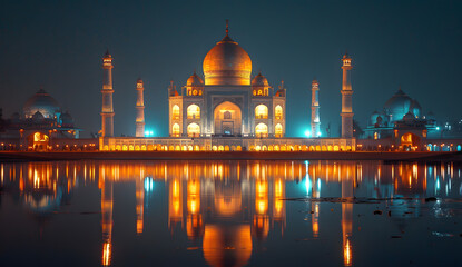 Fototapeta na wymiar Taj Mahals beauty shines through the night, mirrored in the water below