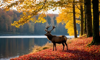 a stag in a forest in autumn, in front of a lake