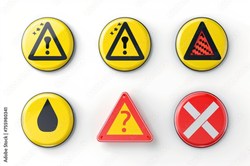 Poster A collection of different warning signs on a white surface. Suitable for safety and caution concepts.