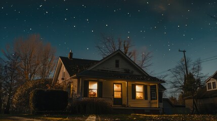 A house in a neighborhood at night, perfect for real estate or community concepts.