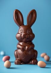 Chocolate easter bunny with eggs decoration, isolated on blue background. Luxury chocolate, Easter holiday. Delicious milk, dark chocolate bunny.	