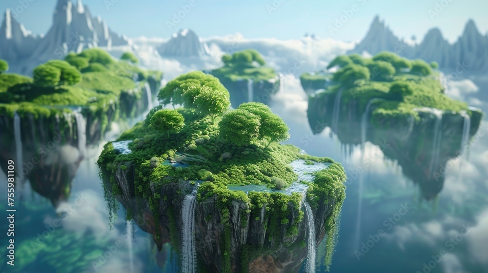 Poster A group of small islands floating in the air. Suitable for fantasy and surreal concepts.
