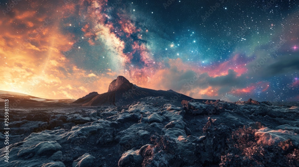 Aufkleber a stunning view of a mountain with a galaxy in the background. perfect for space and nature enthusia
