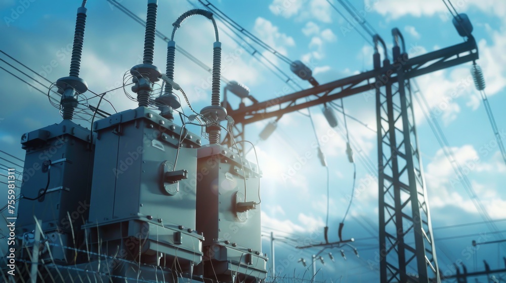 Aufkleber An image of an electrical transformer with a clear sky background. Perfect for illustrating concepts of energy and power distribution.