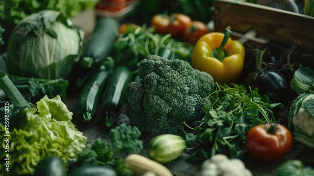 Poster assorted vegetables neatly arranged on a table, ideal for healthy eating concept.