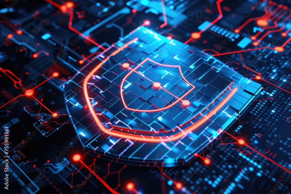Poster Detailed view of a circuit board with a shield. Suitable for technology concepts.