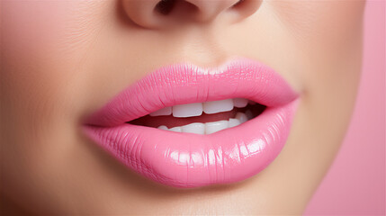 Obraz premium Female plump lips with pink lipstick gloss