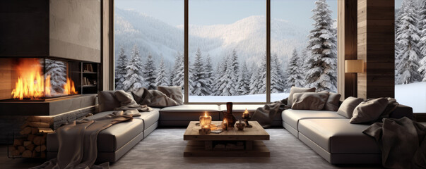 Winter modern living room with big windows and cozy atmosphere.