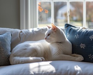 A white cat is laying comfortably on top of a white couch.
