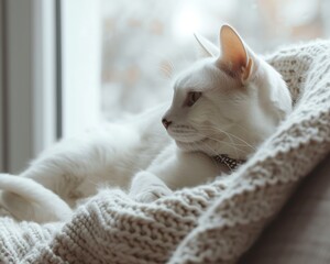 A white cat comfortably lounges on the backrest of a couch placed next to a window, basking in the natural light.