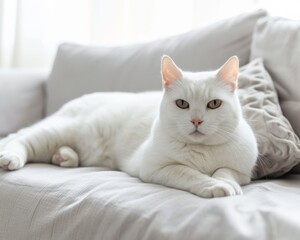 A white cat is seen resting comfortably on the edge of a couch.