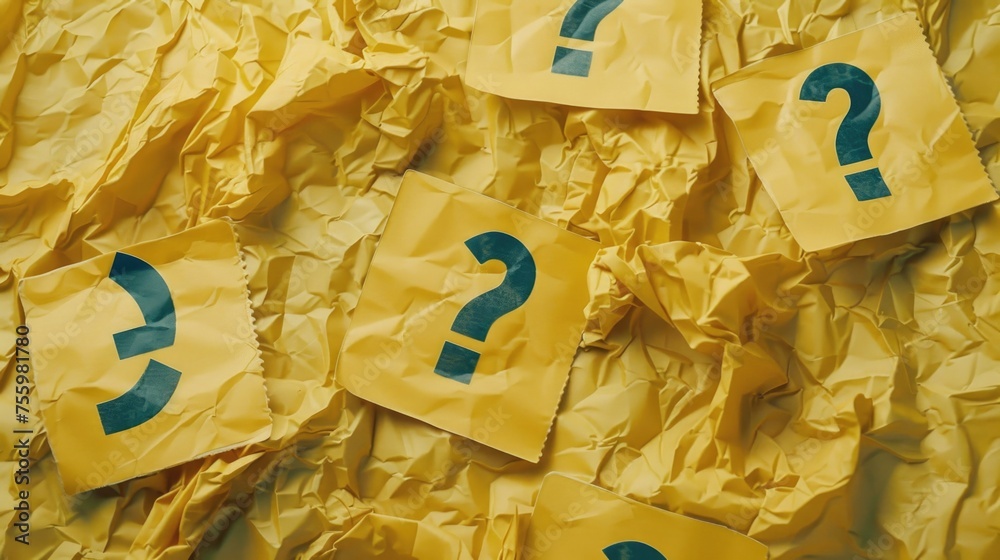 Poster stack of yellow paper with question marks, suitable for business or education concepts.