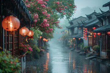 Holiday time in Chinatown. Old ancient asian street with many traditional stores in rainy day. Cherry blossom festival. Travel and holiday concept for card, background, banner, wallpaper - obrazy, fototapety, plakaty