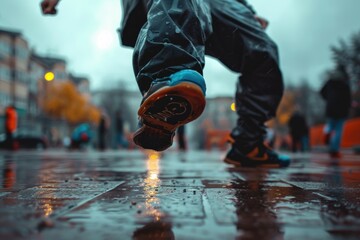 A person walking on a wet sidewalk in the rain. Suitable for weather-related designs. - obrazy, fototapety, plakaty