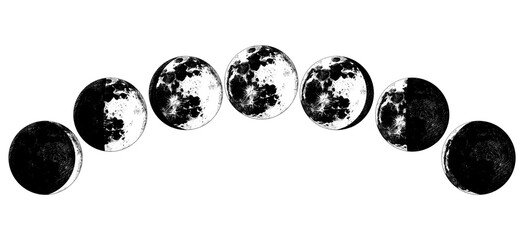 The Phases Of The Moon in the solar system. Astrology or astronomical galaxy space. Orbit or circle. engraved hand drawn in old sketch, vintage style for label.