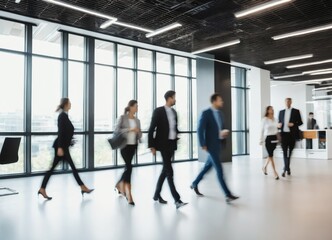 Fototapeta na wymiar Bright business workplace with people in walking in blurred motion