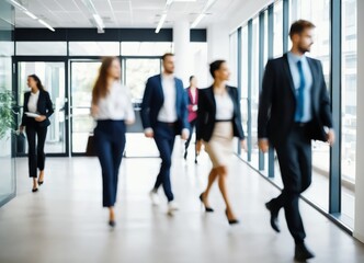 Fototapeta na wymiar Bright business workplace with people in walking in blurred motion