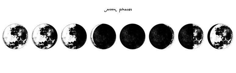The Phases Of The Moon in the solar system. Astrology or astronomical galaxy space. Orbit or circle. engraved hand drawn in old sketch, vintage style for label. - 755982366