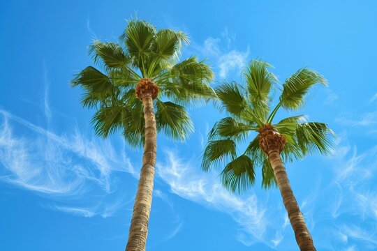 Green palm tree against blue sky and white clouds. Tropical nature background