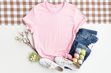 Pink T-shirt Easter Eggs background mockup template for design, Blank soft pink t shirt easter....